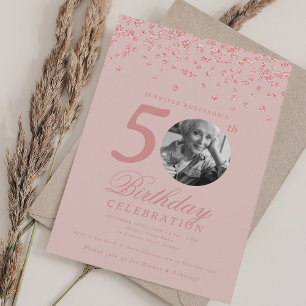 Invitation Photo 50e anniversaire Rose Gold Confetti Blush Pi