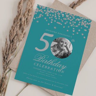 Invitation Photo 50e anniversaire Silver Confetti Turquoise