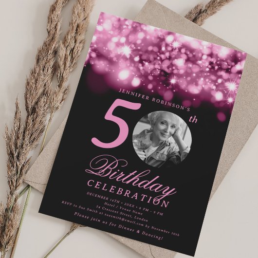 Invitation Photo 50th Birthday Blush Pink Midnight Glam