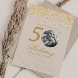 Invitation Photo 50th Birthday Gold Confetti Champagne<br><div class="desc">Un design élégant "50th Birthday" soirée invitation avec photo personnalisée,  typographie moderne et parties scintillant confetti arrière - plan.</div>