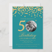 Invitation Photo 50th Birthday Gold Confetti Turquoise (Devant)