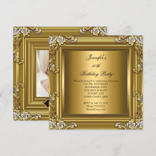 Invitation Photo 50th Birthday Party Elegant Gold Black (Devant / Derrière)