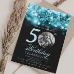 Invitation Photo 50th Birthday Turquoise Midnight Glam<br><div class="desc">Un design élégant "50th Birthday" soirée avec photo personnalisée,  typographie moderne et un arrière - plan à cordes.</div>