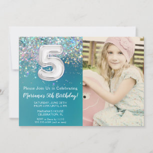 Invitation Photo 5ème Anniversaire Paillettes Turquoise Argen