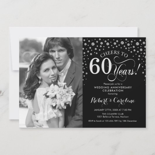 Invitation Photo 60e anniversaire de mariage - Argent Noir (Devant)