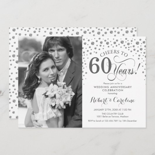 Invitation Photo 60e anniversaire du Mariage - Silver White (Devant / Derrière)