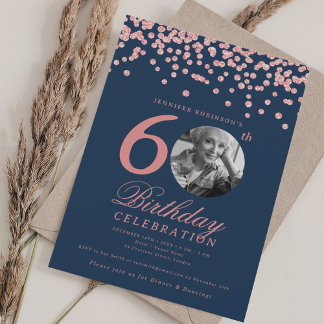 Invitation Photo 60e anniversaire Rose Gold Confetti Navy