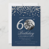 Invitation Photo 60e anniversaire Silver Confetti Navy (Devant)