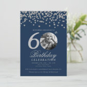 Invitation Photo 60e anniversaire Silver Confetti Navy (Debout devant)