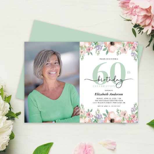 Invitation Photo 60th Birthday Party Pastel Floral