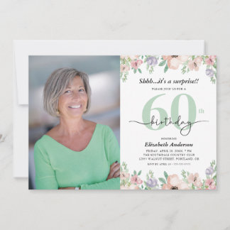 Invitation Photo 60th Birthday Party Pastel Floral 