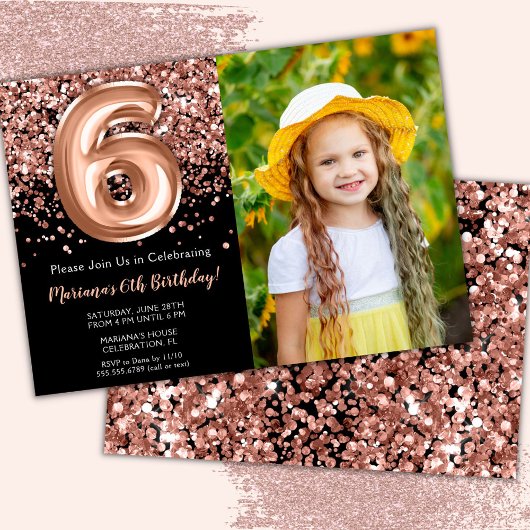 Invitation Photo 6e Black Rose Gold Parties scintillant fête