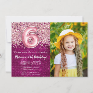 Invitation Photo 6e Enfants Magenta Parties scintillant rose 