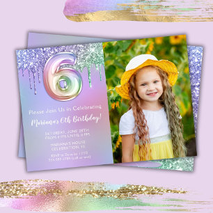 Invitation Photo 6ème Anniversaire Fête Rose Violet Paillette