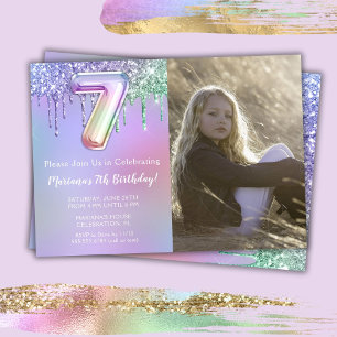 Invitation Photo 7e Anniversaire Fête Rose Violet Paillettes