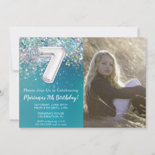 Invitation Photo 7e Anniversaire Paillettes Argentées Turquoi