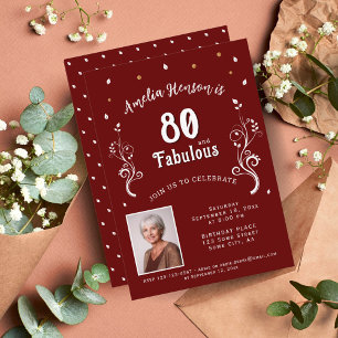 Invitation Photo 80 ans et feuillage fabuleux rouge 80e anniv