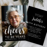 Invitation Photo 80th Birthday Party White Script<br><div class="desc">L'avant de cette invitation de 80ème anniversaire présente la photo de l'invité d'honneur avec un texte blanc superposé. Le mot "applaudissements" apparaît dans un élégant script de calligraphie, suivi de "à 80 ans" et l'invité d'honneur du nom et de l'anniversaire en sans serif font. Un écran sombre permet de faire...</div>