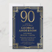 Invitation Photo 90e anniversaire bleu marine et or (Devant)