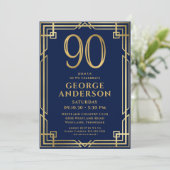 Invitation Photo 90e anniversaire bleu marine et or (Debout devant)