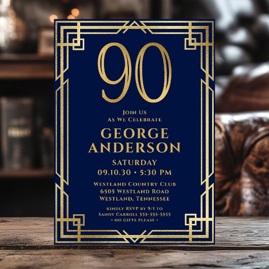 Invitation Photo 90e anniversaire bleu marine et or