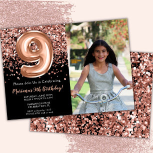 Invitation Photo 9e Anniversaire Rose Noir Paillettes Or