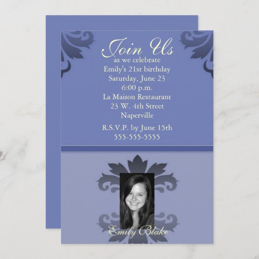Invitation photo à deux tons bleu Damask (Devant / Derrière)