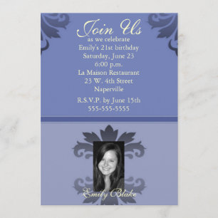 Invitation photo à deux tons bleu Damask