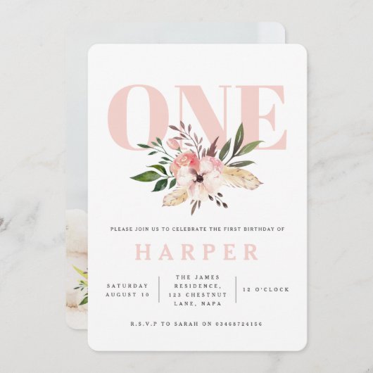 invitation photo à la fête d'anniversaire rose flo (Devant / Derrière)