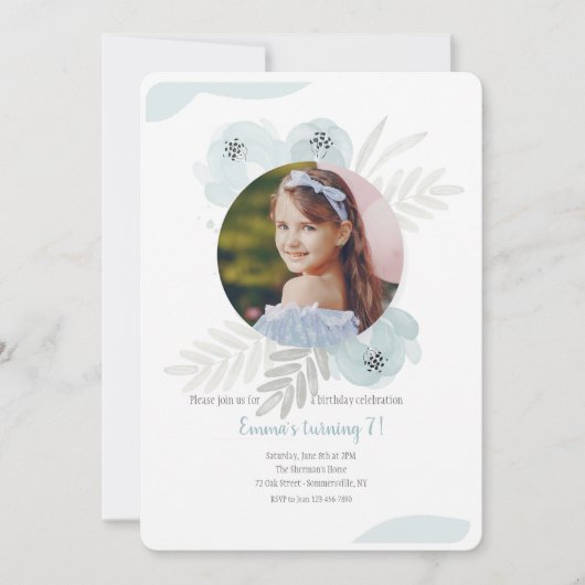 Invitation Photo à l'aquarelle bleu poussiéreux (Devant)