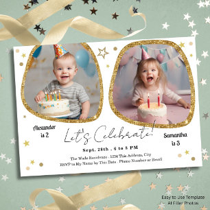 Invitation Photo Abstrait Double Anniversaire Enfants Fête Or