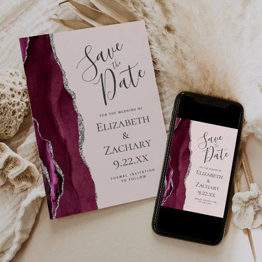 Invitation Photo Agate Burgundy Silver Blush Save the Date