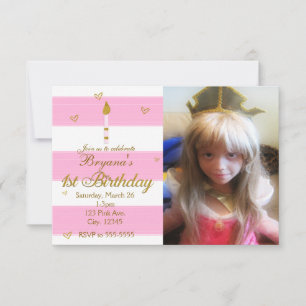 Invitation photo Anniversaire 1 an Rose Blanc & Or