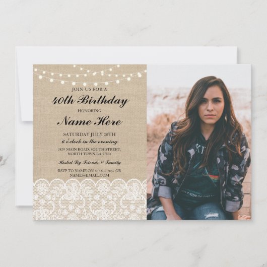 Invitation Photo Anniversaire 40e 50e Dentelle Rustique Burla (Devant)