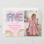Invitation Photo Anniversaire 5 Ans Arc-en-Ciel Paillettes (Devant)