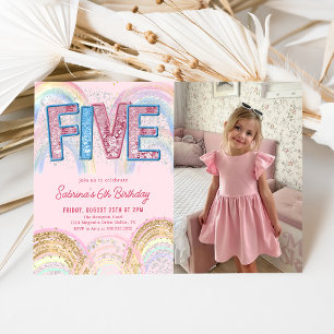 Invitation Photo Anniversaire 5 Ans Arc-en-Ciel Paillettes