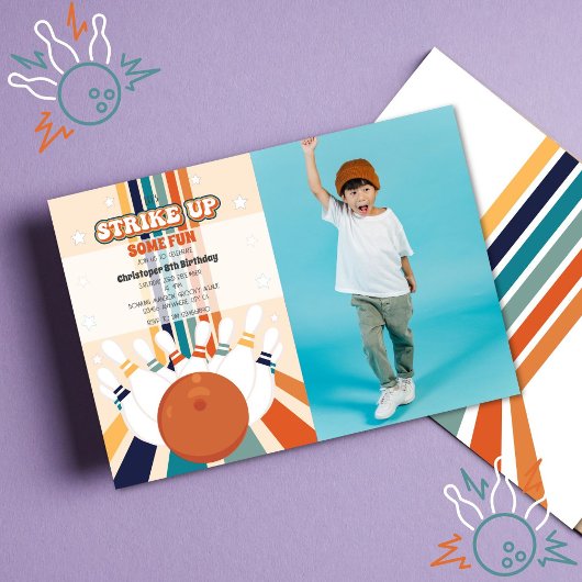 Invitation Photo Anniversaire de enfant de Retro Bowling