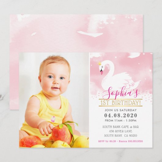 Invitation PHOTO ANNIVERSAIRE DE ENFANT PARTY cygne princesse (Devant / Derrière)