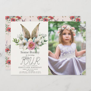 Invitation Photo Anniversaire De Fille Rose Florale De Bunny