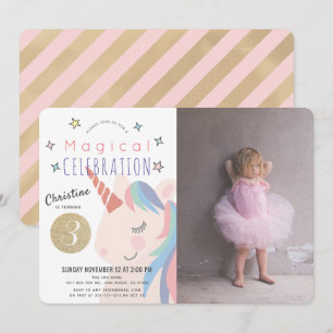 Invitation Photo Anniversaire de la fille d'or rose Unicorn m