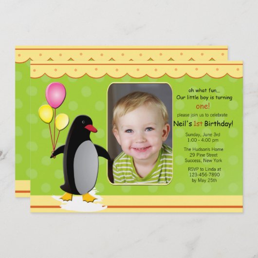 Invitation photo Anniversaire de Penguin (Devant / Derrière)