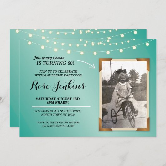 Invitation Photo Anniversaire Fête Turquoise String Lights In (Devant / Derrière)