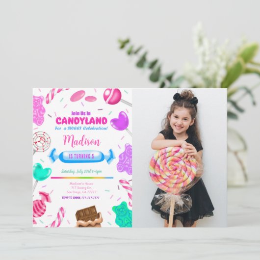 Invitation photo anniversaire modifiable Candy lan (Debout devant)