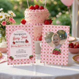 Invitation Photo Anniversaire Premier Berry Fleur Rose Gingha