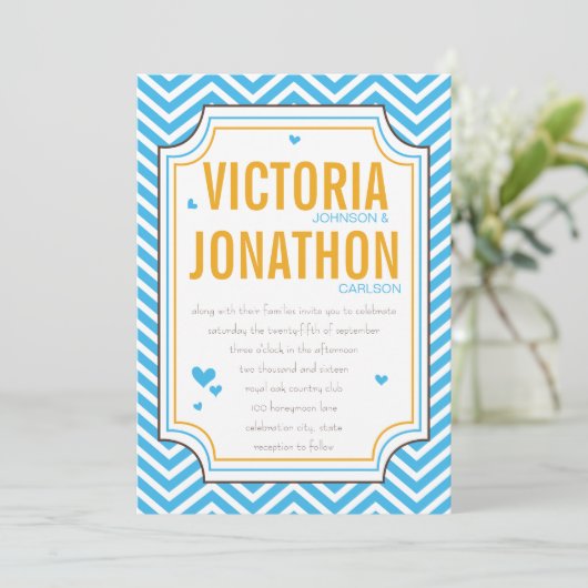 Invitation Photo Aqua Yellow Zig Zag Mariage de typographie (Debout devant)