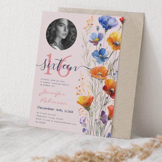Invitation PHOTO Aquarelle Fleur sauvage doux 16 Blush