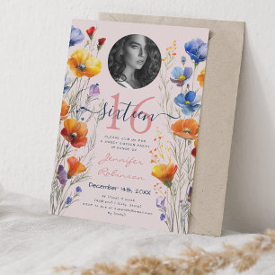 Invitation PHOTO Aquarelle Fleur sauvage doux 16 rose pâle