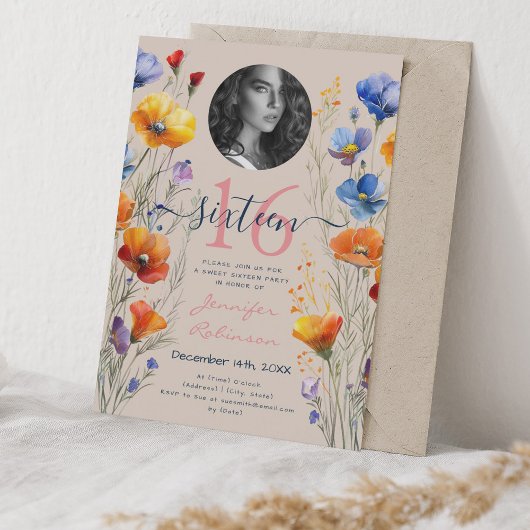 Invitation PHOTO Aquarelle Fleur sauvage Sweet 16 Champagne