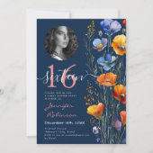 Invitation PHOTO Aquarelle Fleurs sauvages doux 16 bleu marin (Devant)