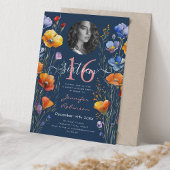 Invitation PHOTO Aquarelle Fleurs sauvages doux 16 bleu marin